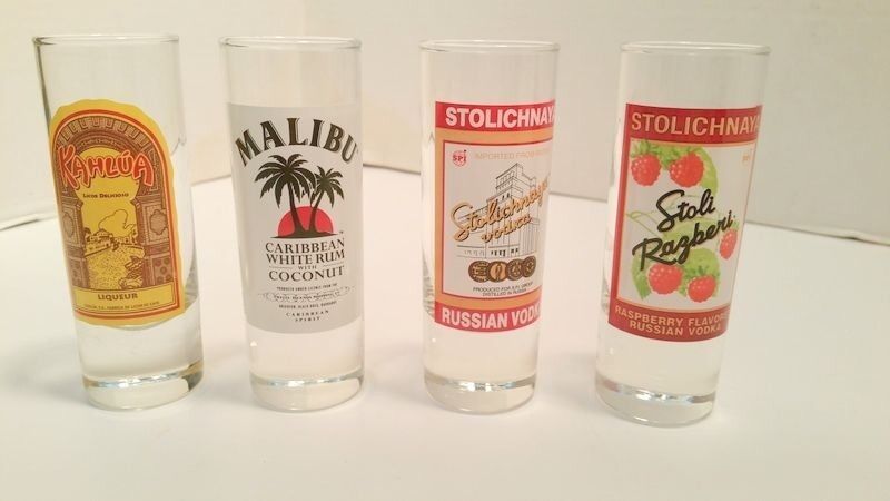 Set of 3 jigger glasses Stolichnaya Russian Vodka, Kahlua, Stolichnaya Rasberry