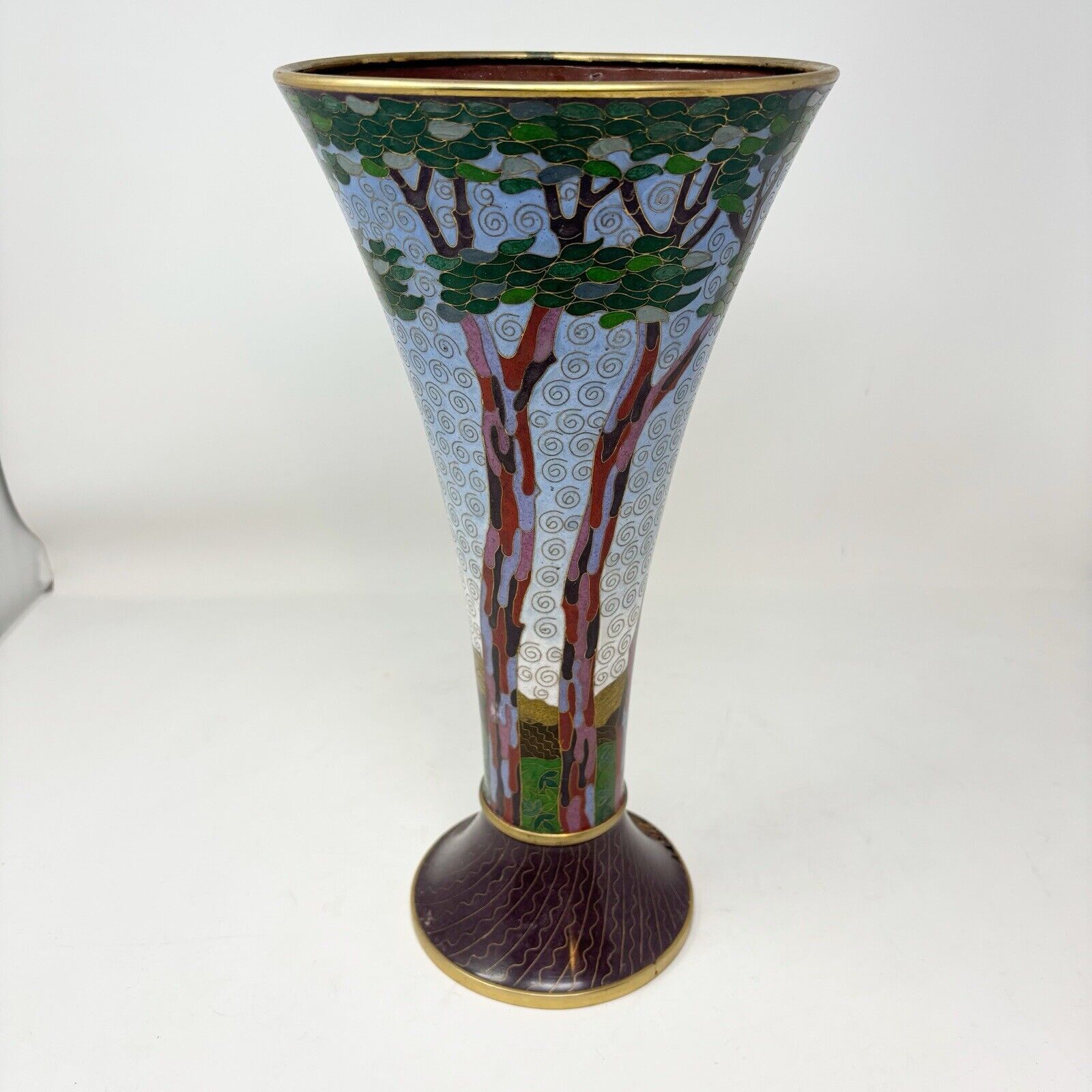 Vintage EVANS DESIGN 14” Tall Trumpet Cloisonné Vase Tall Trees Stunning READ