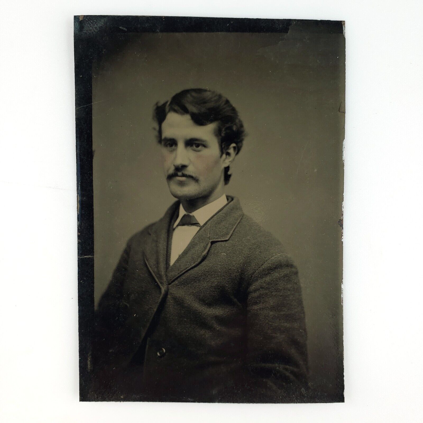 Named Foster Connecticut Man Tintype c1878 Antique 1/6 Plate Mustache Photo H767