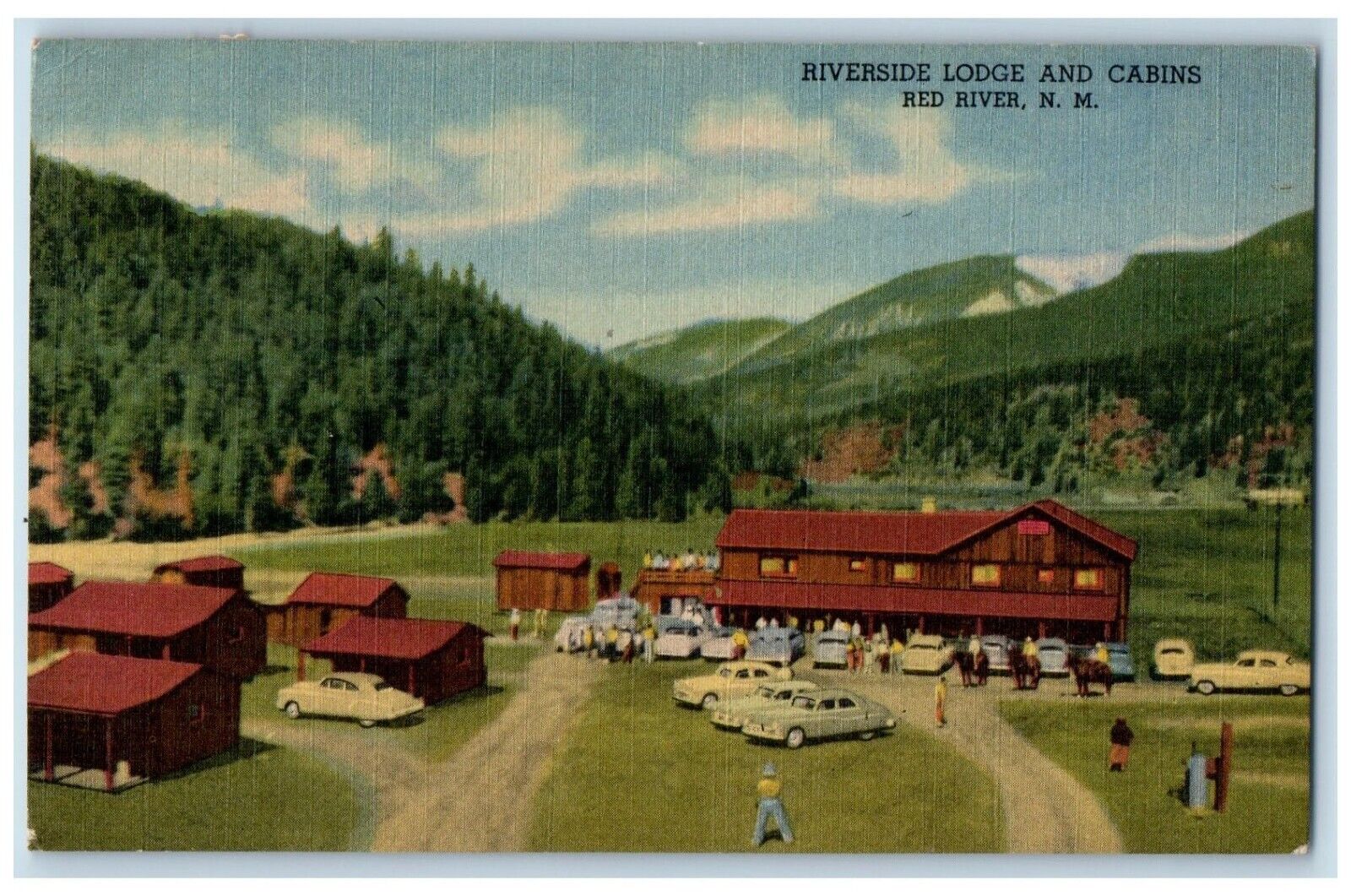 1956 Aerial View Riverside Lodge Cabins Red River New Mexico NM Vintage Postcard