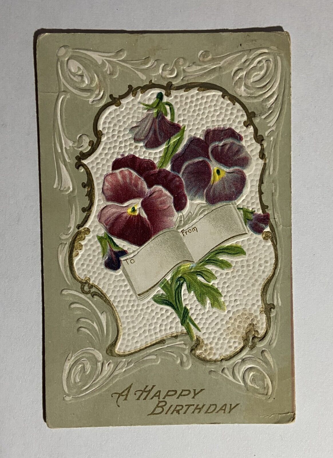 Old Vintage Antique Happy Birthday Postcard Greeting Card Purple Flowers Bouquet
