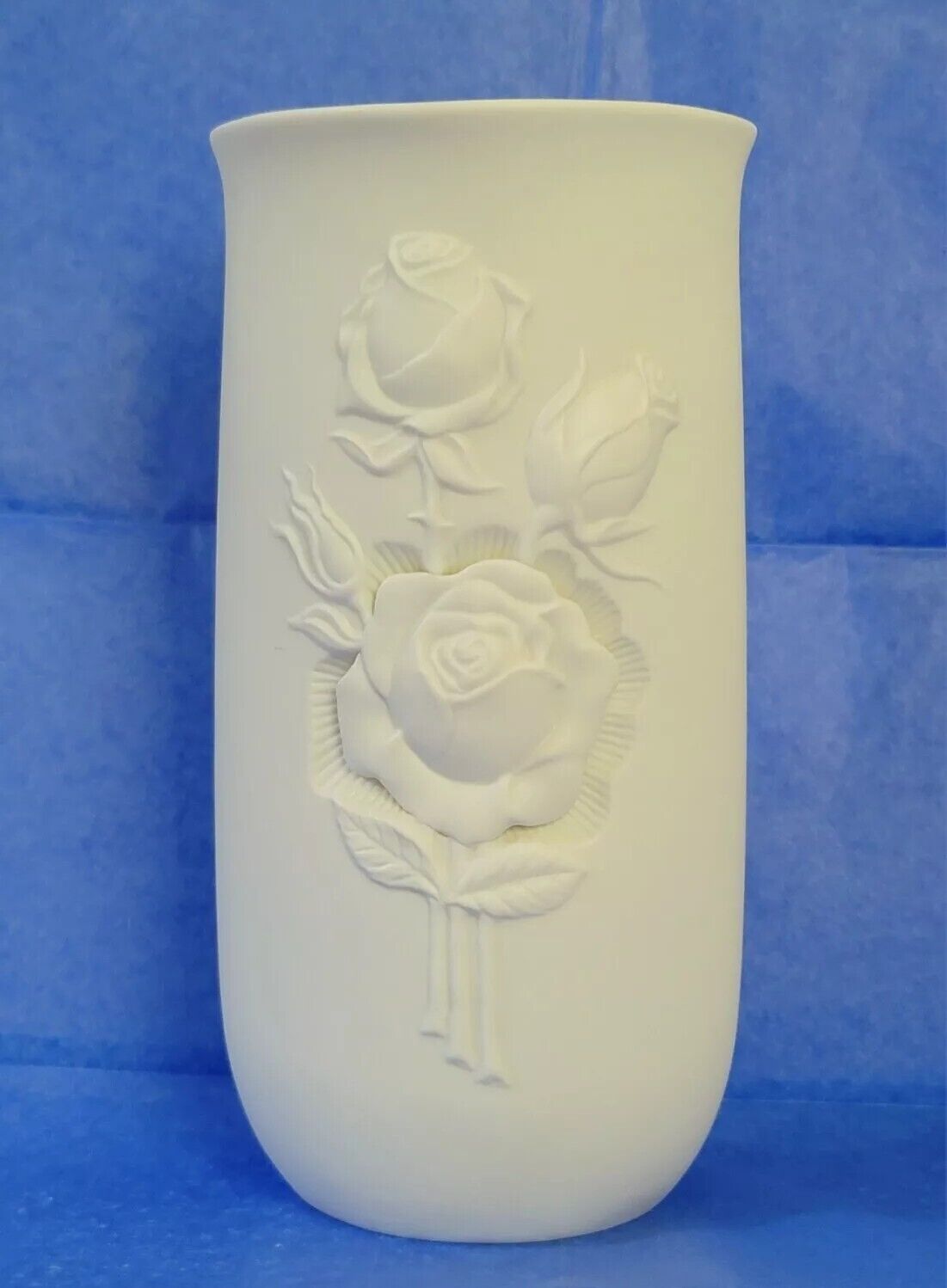 KAISER White Bisque PORCELAIN VASE #0713 ROSES by Frey - Raised Relief - Germany