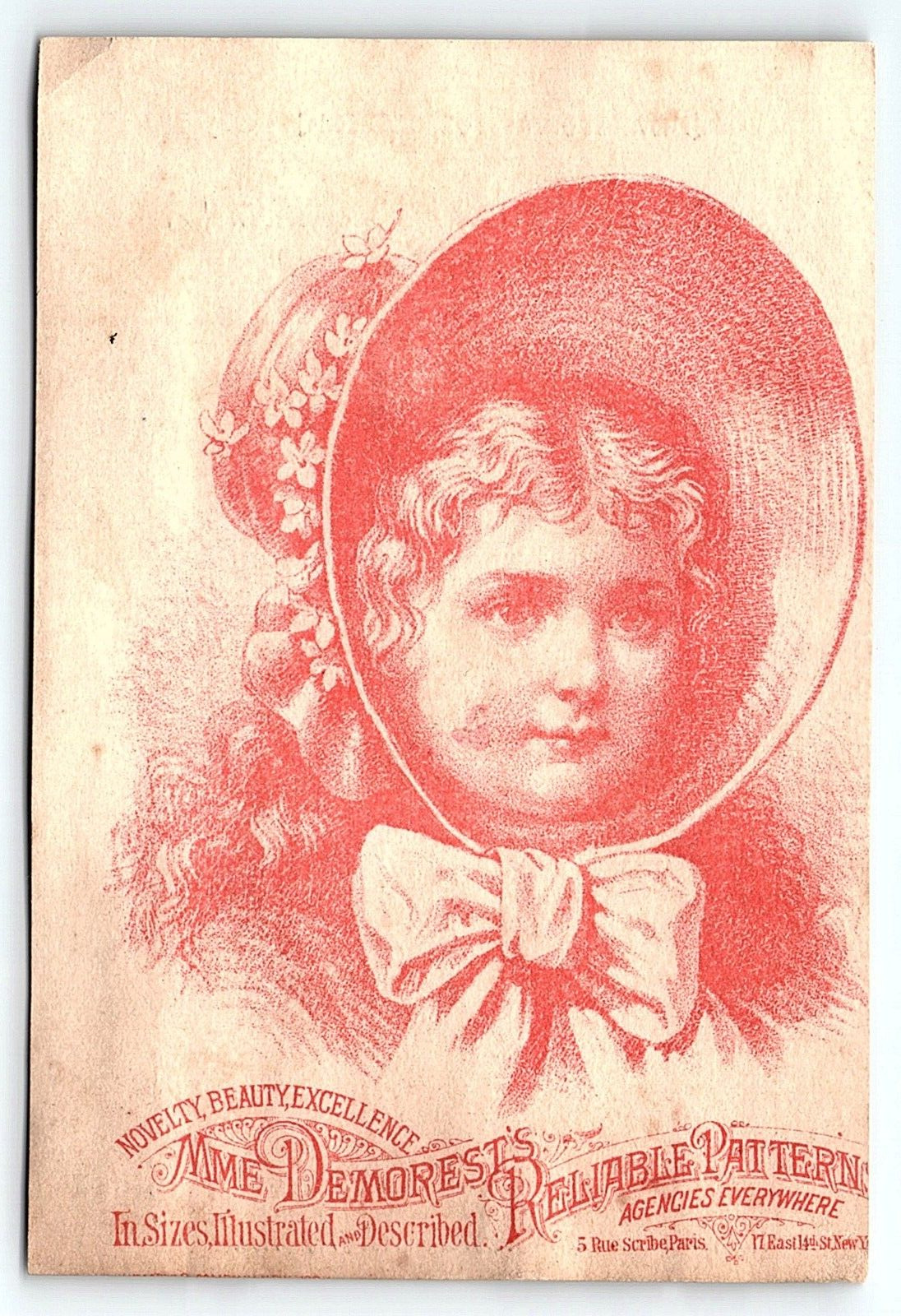 c1880 MME DEMOREST\'S RELIABLE PATTERNS NOVELTY BEAUTY VICTORIAN TRADE CARD P108