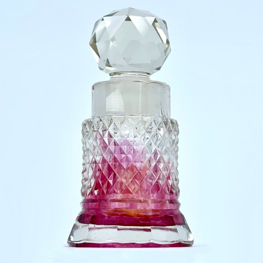 Antique  Extremely Rare Faceted Cut Glass Perfume Prism Stopper Cranberry Flash