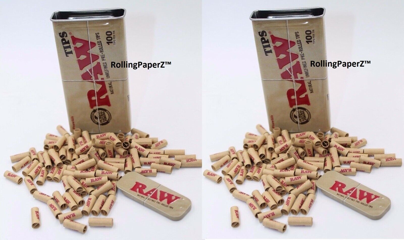 BUY TWO -  100 RAW Pre Rolled Tips in Slide Top Storage Tins 200 tips total