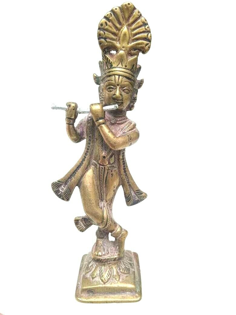 Original 1900\'s Old Vintage Antique Lord Krishna Brass Hindu God Figure / Statue