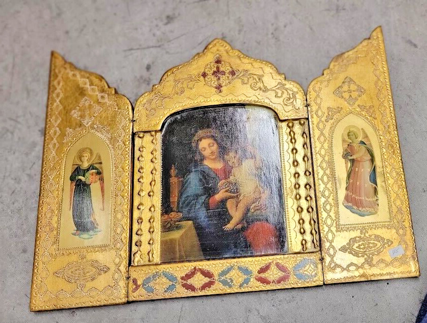 Vintage Italian Italy Florentine Gold Tole Wooden Trifold Plaque Angels