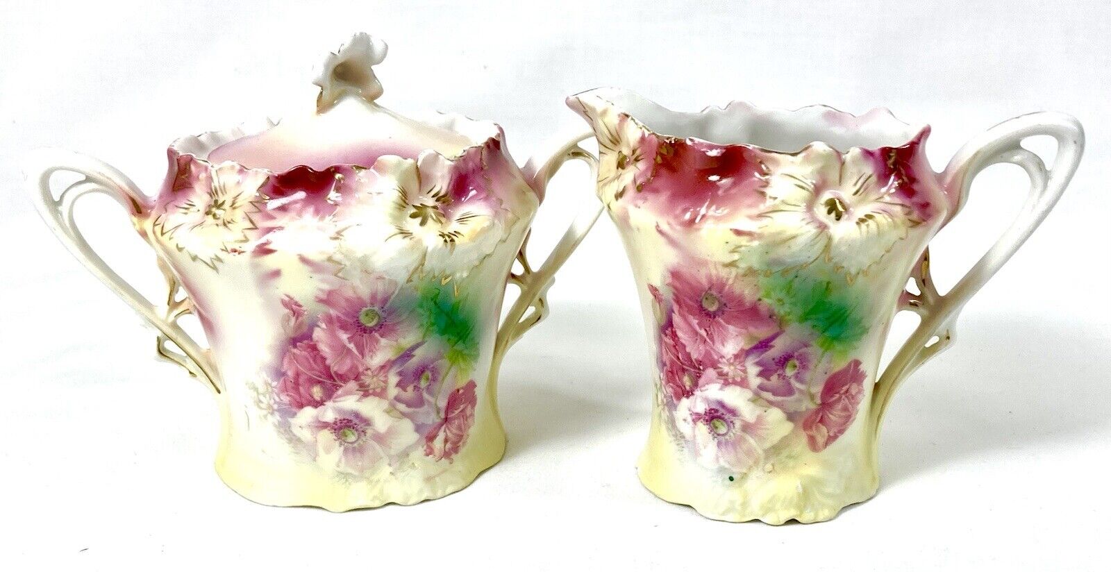 Antique RS Prussia 3 Piece Sugar Creamer Set Yellow Pink Flowers