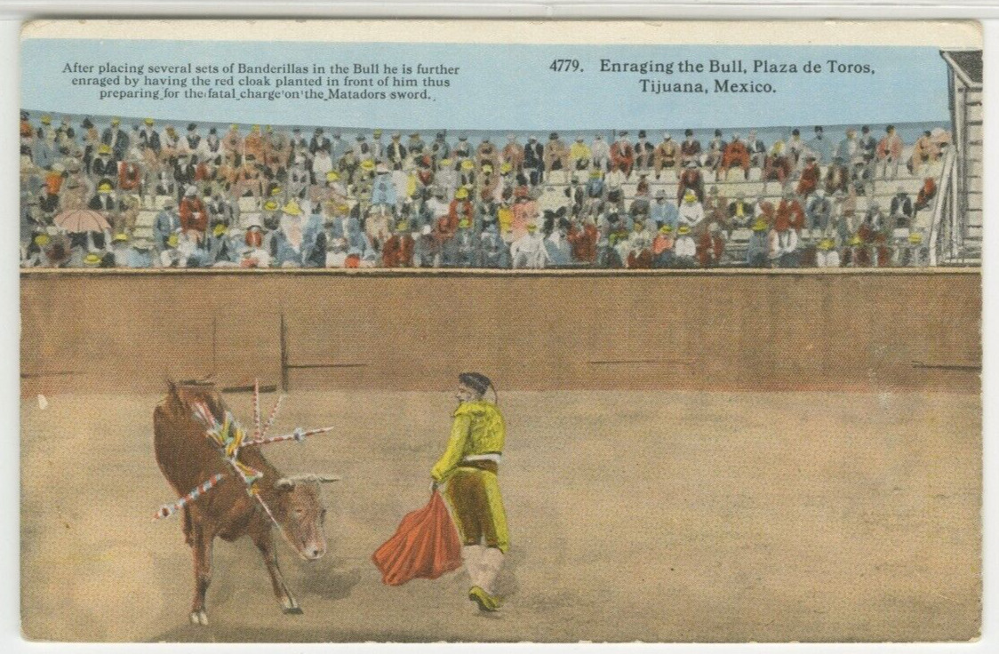 MEXICO Postcard Enraging The Bull - Plaza de Toros - Tijana c1940s vtg linen 09