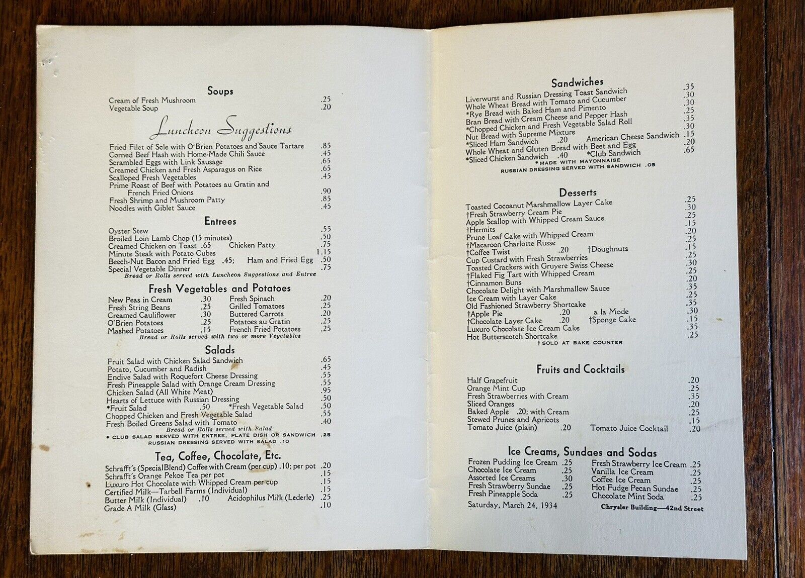 Vintage 1930\'s Menus - Schrafft\'s in the Chrysler Building, NYC - Two (2)
