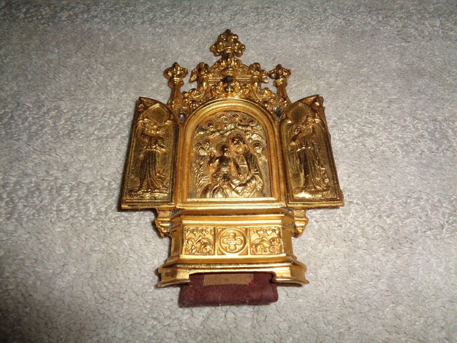 Rare gold plated religious table Triptych three panel mary christ angels thick 