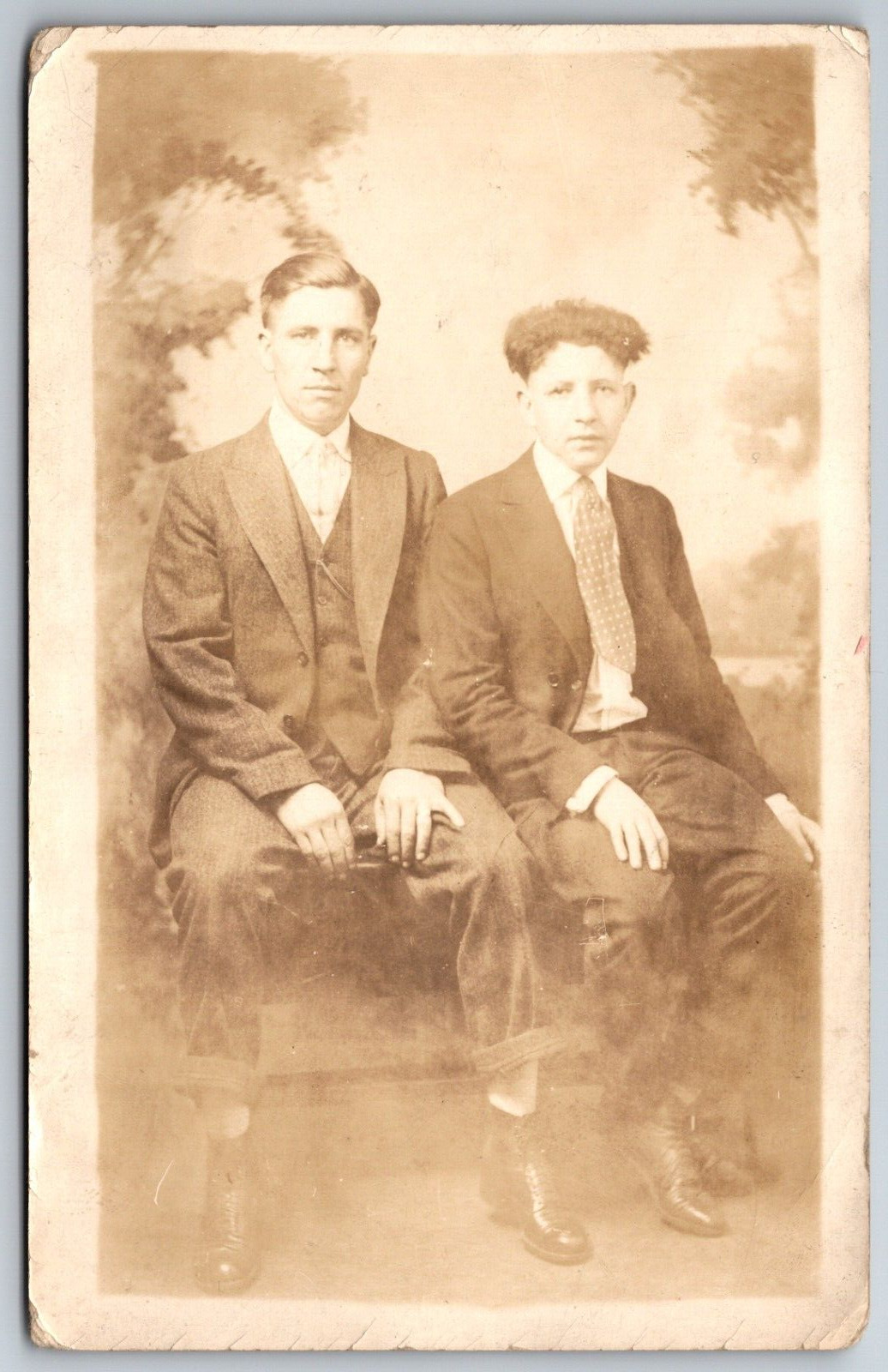 Antique Studio RPPC Two Men Crazy Curly Hair Gentlemen Rolled Pants  Postcard