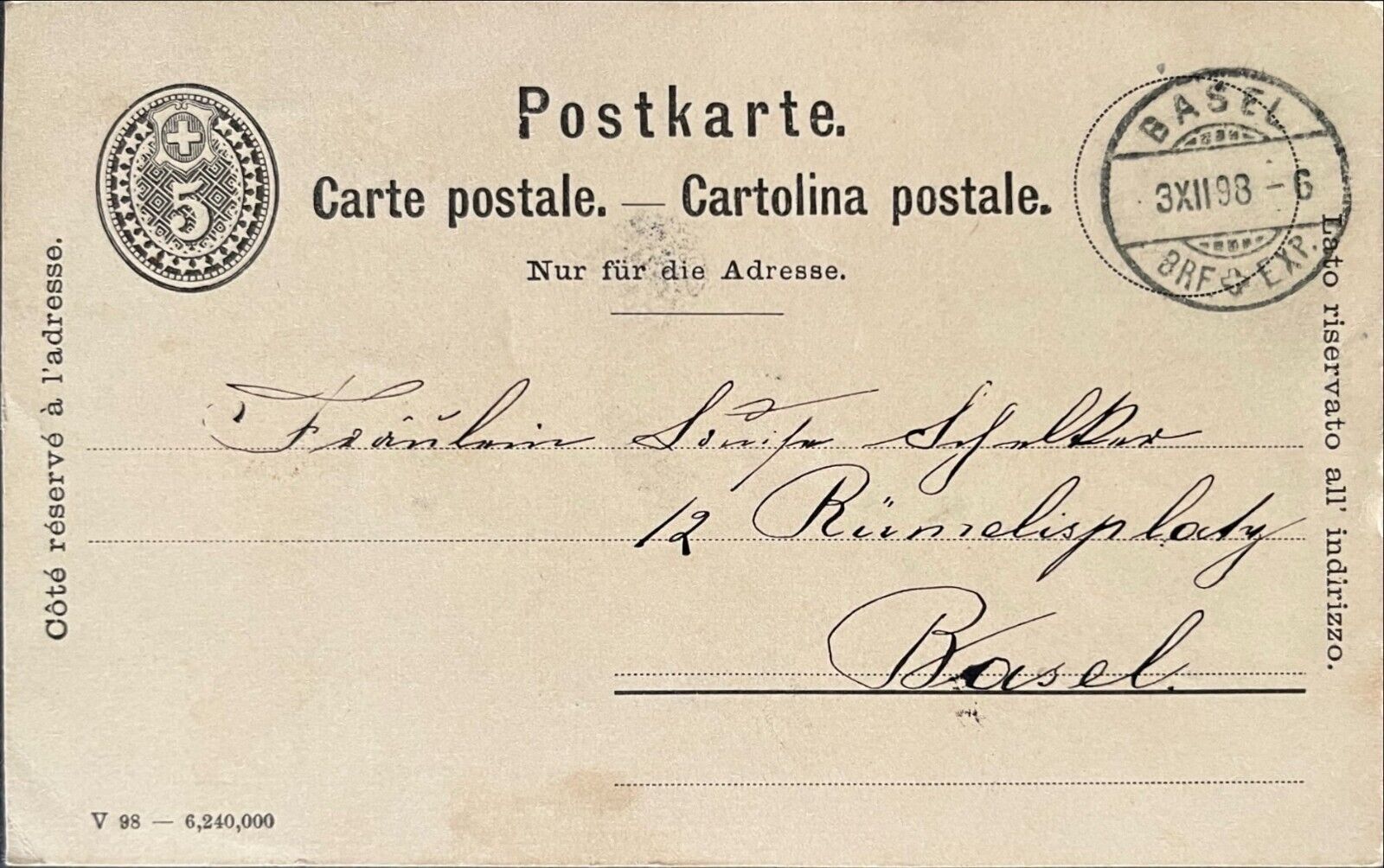 1898 Plain posted PC Basel Switzerland