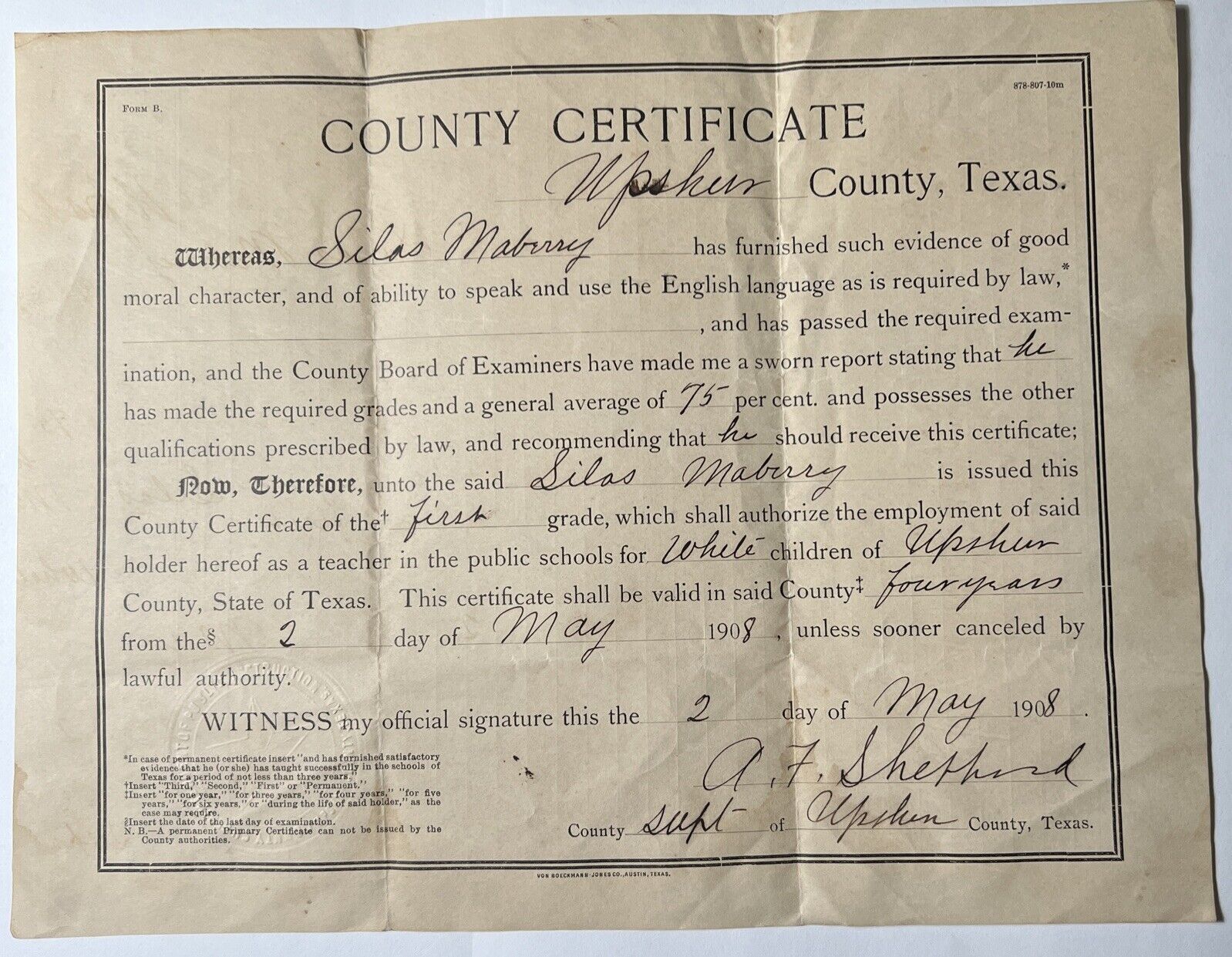 1908 UPSHUR county TEXAS Public School Teaching Certificate for WHITE CHILDREN