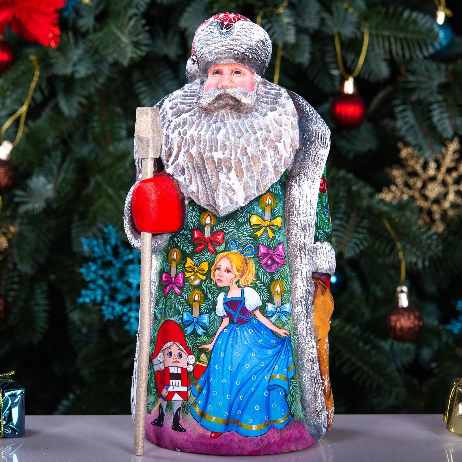 Wooden Hand Carved russian Santa Claus figurine, hand painted Nutcracker Scene