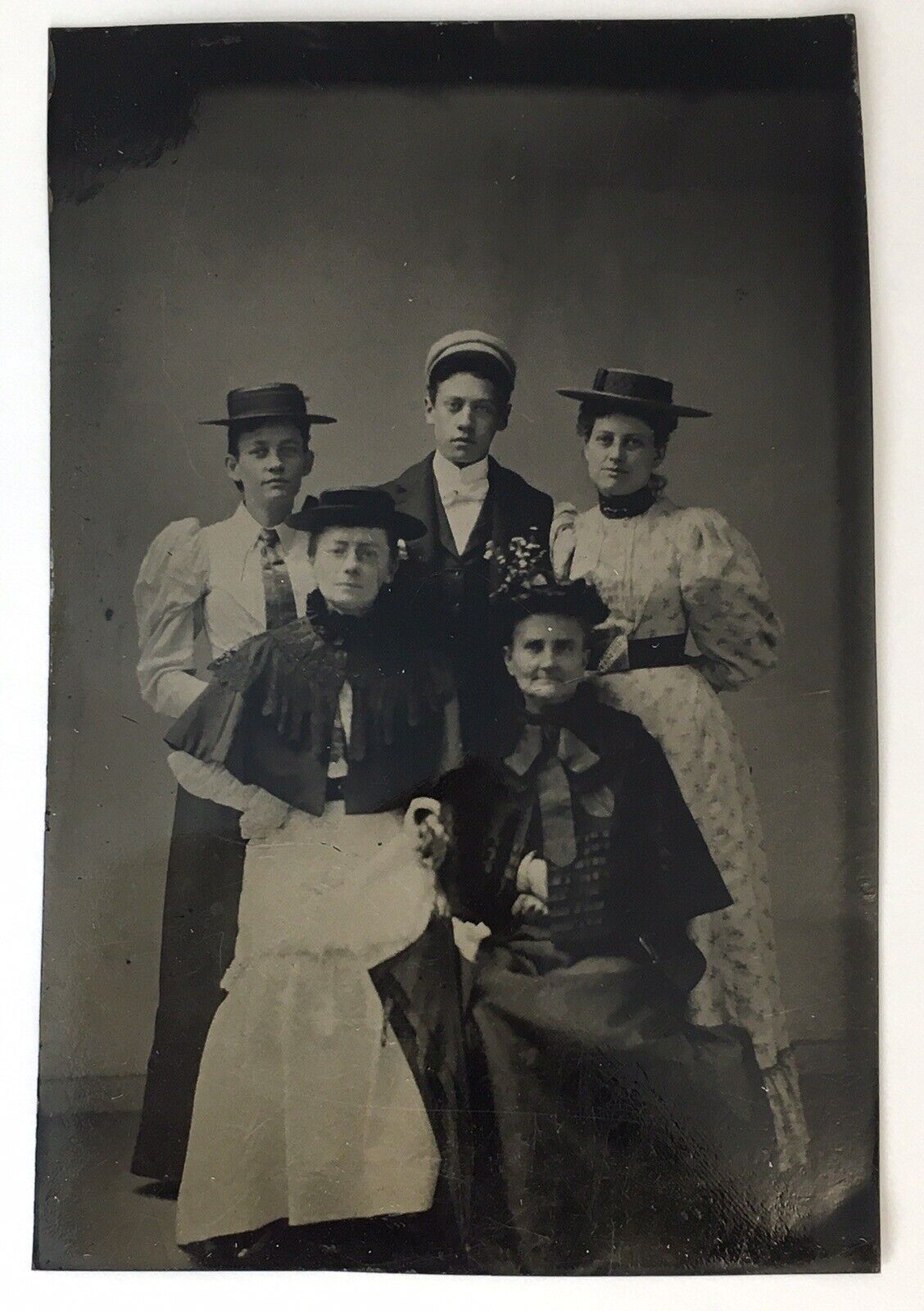 Antique Victorian Era Tintype Photo of Mother with Adult Children Fancy Hats