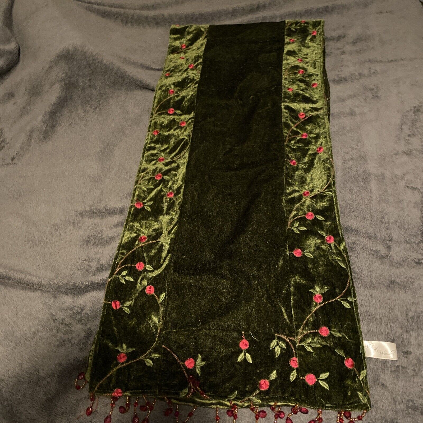Vintage Dk Green Velvet Table Runner Beaded Ends W Embroidered Red Floral Edges
