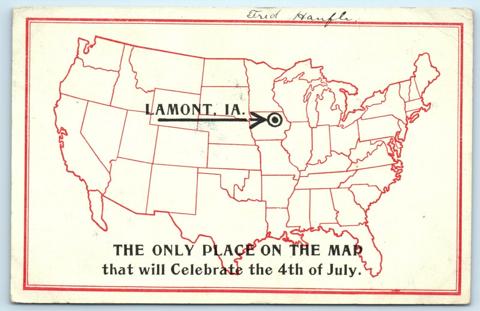 POSTCARD Lamont Iowa IA Only Place on the Map Celebrate 4th of July 1908 