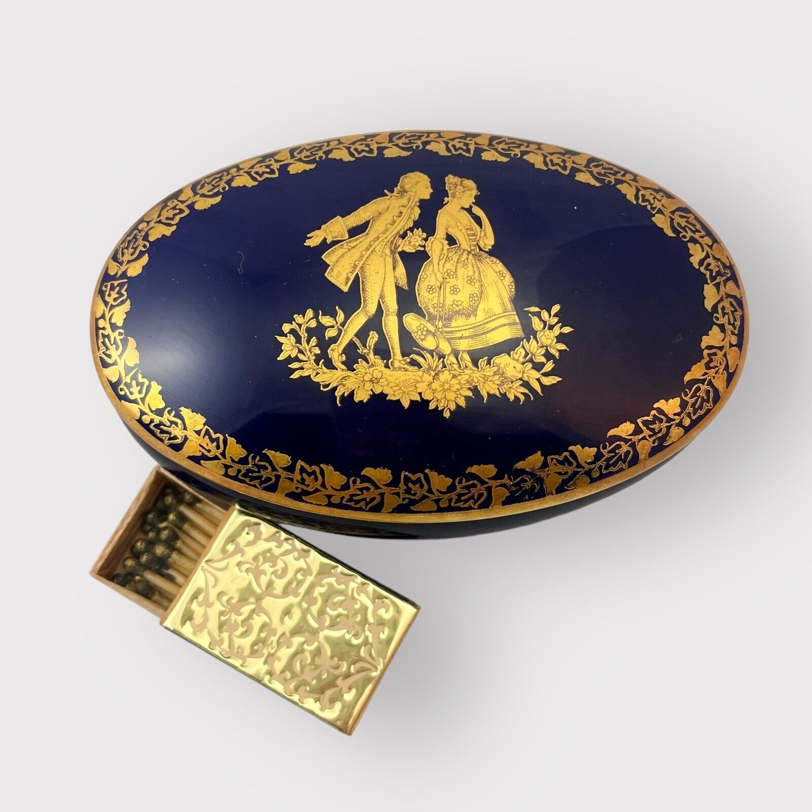 Vintage Limoges Porcelain Blue Gold Courting Couple Egg Trinket Box + Matches