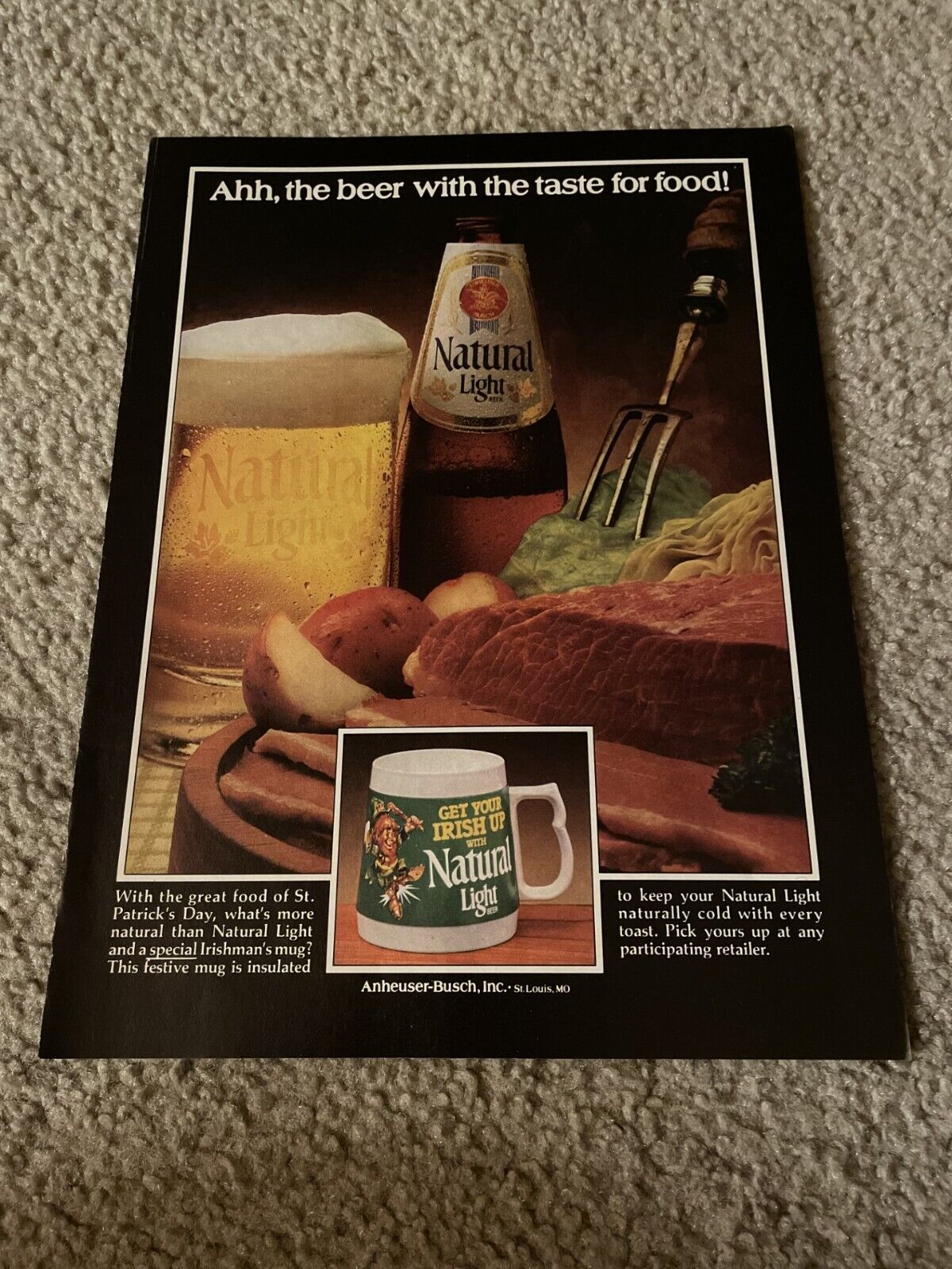 Vintage 1982 Natural Light Beer Mug Print Ad ST. PATRICK'S DAY ST PATTY'S DAY