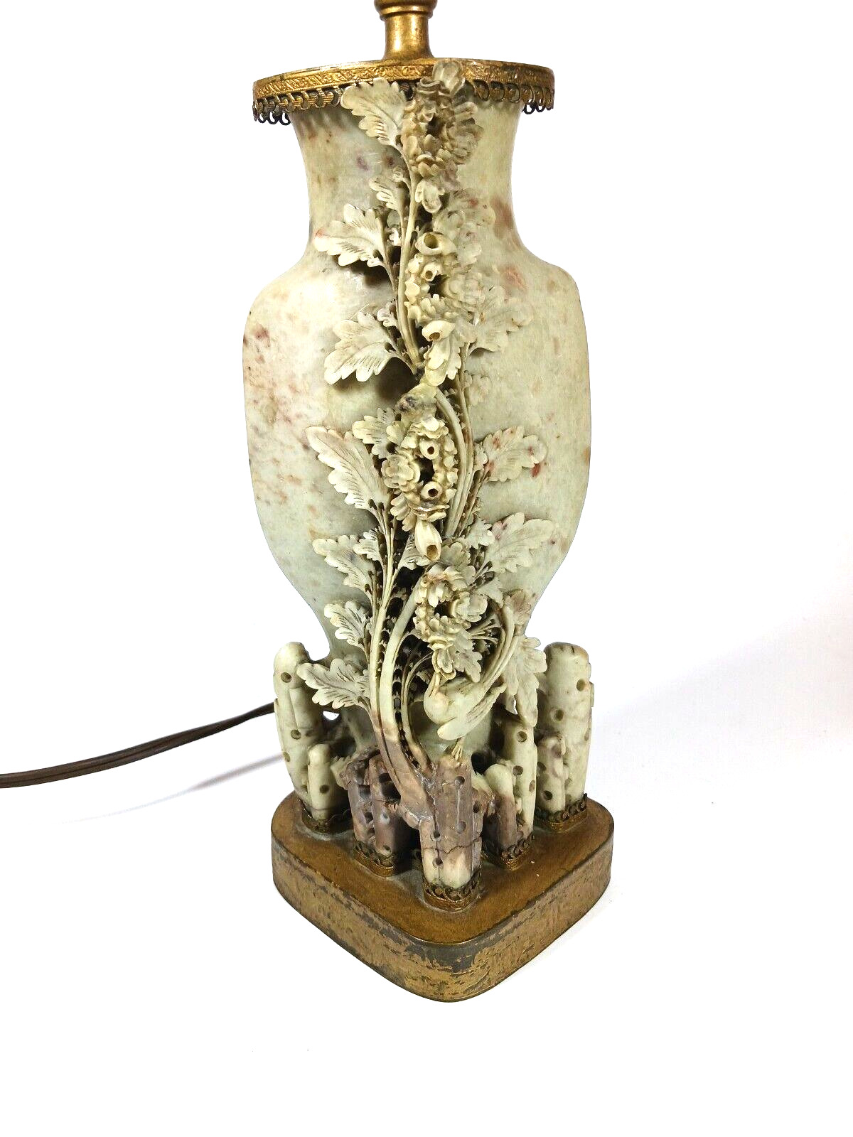 Antique Chinese Carved Soapstone Lamp Floral Bird Garden Ornate scenery base