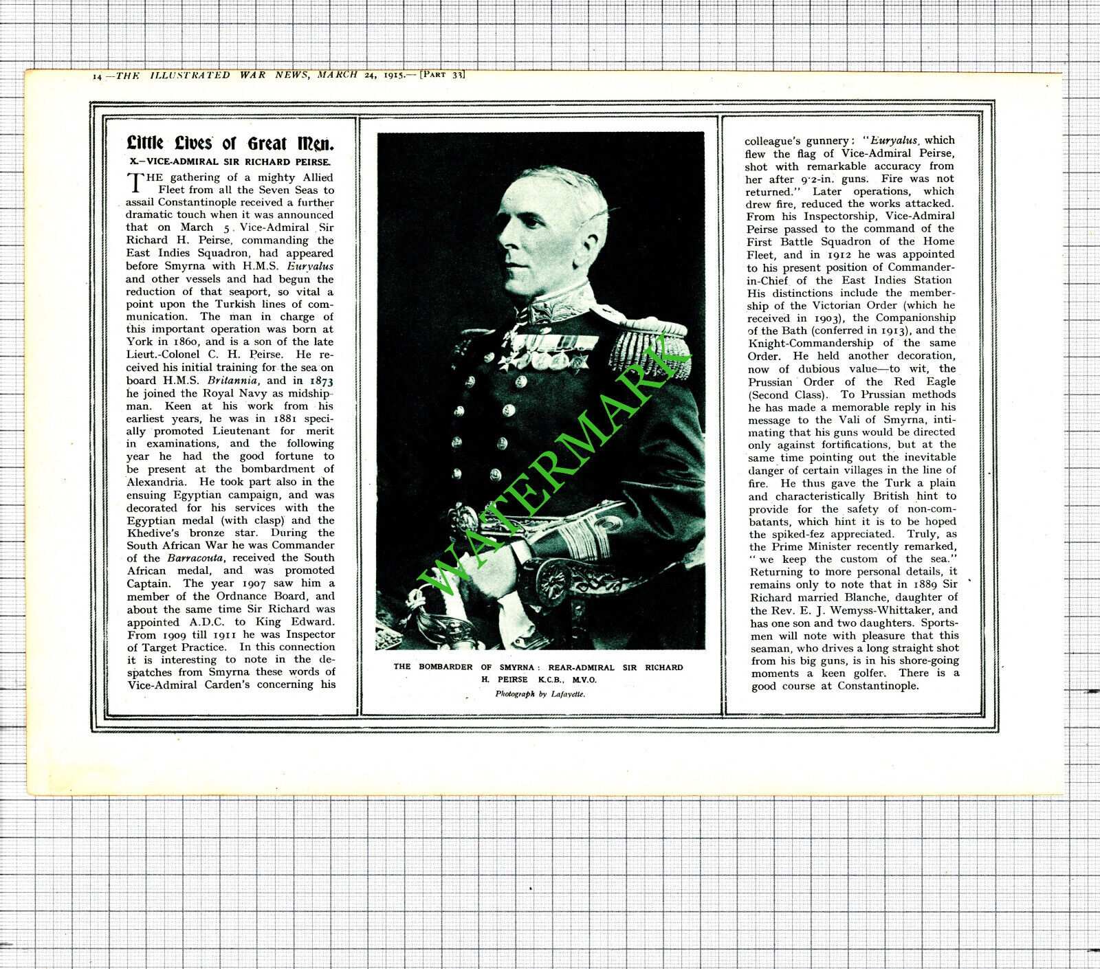 Vice Admiral Sir Richard Peirse  WW1  Great War Smyrna - 1915 Cutting / Print