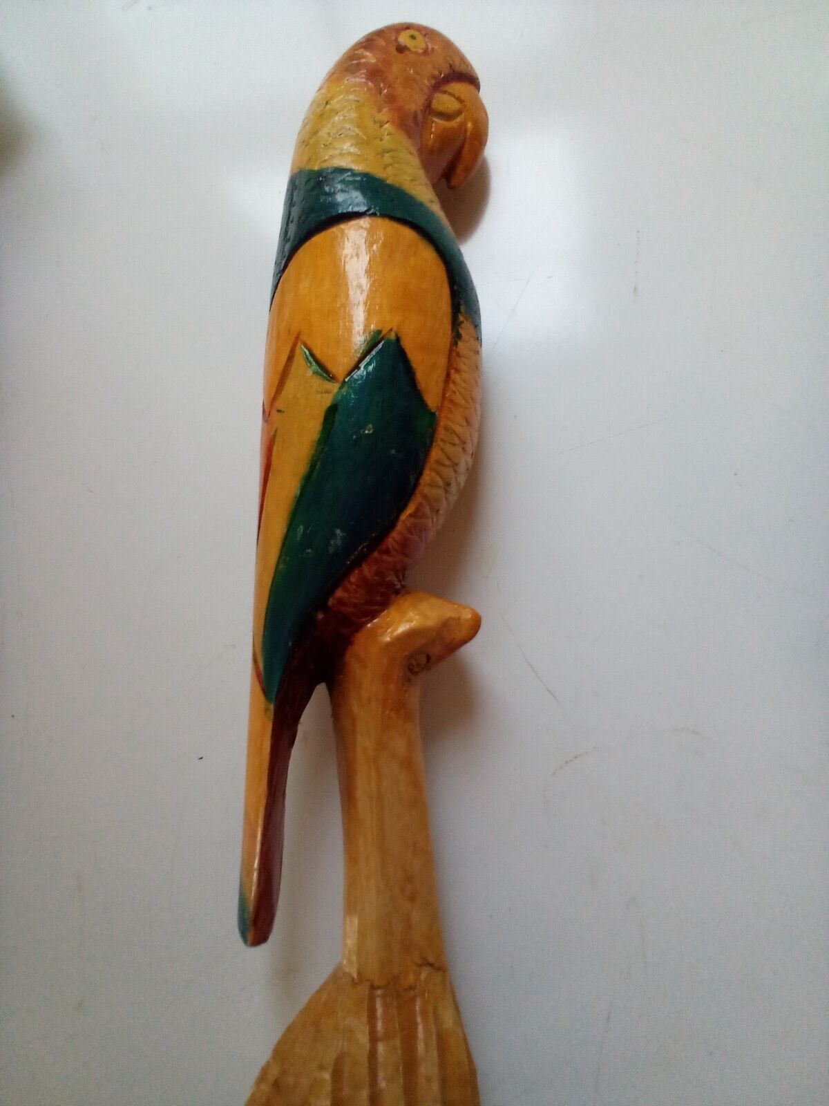 Vintage Wooden Parrot on Perch Hand Carved Painted Tropical Sculpture 13\