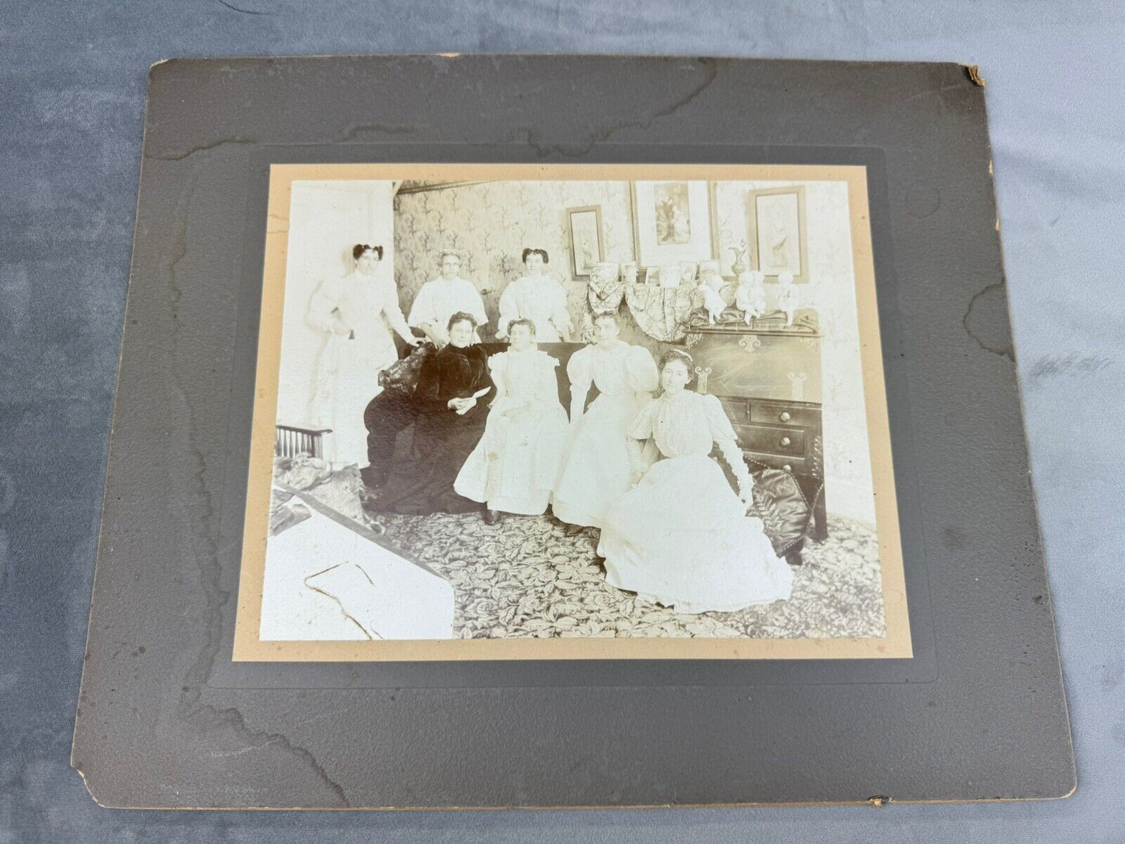 C.1890 Victorian Parlor Photo w/ 7 Women ~ Large Card 14 7/8\