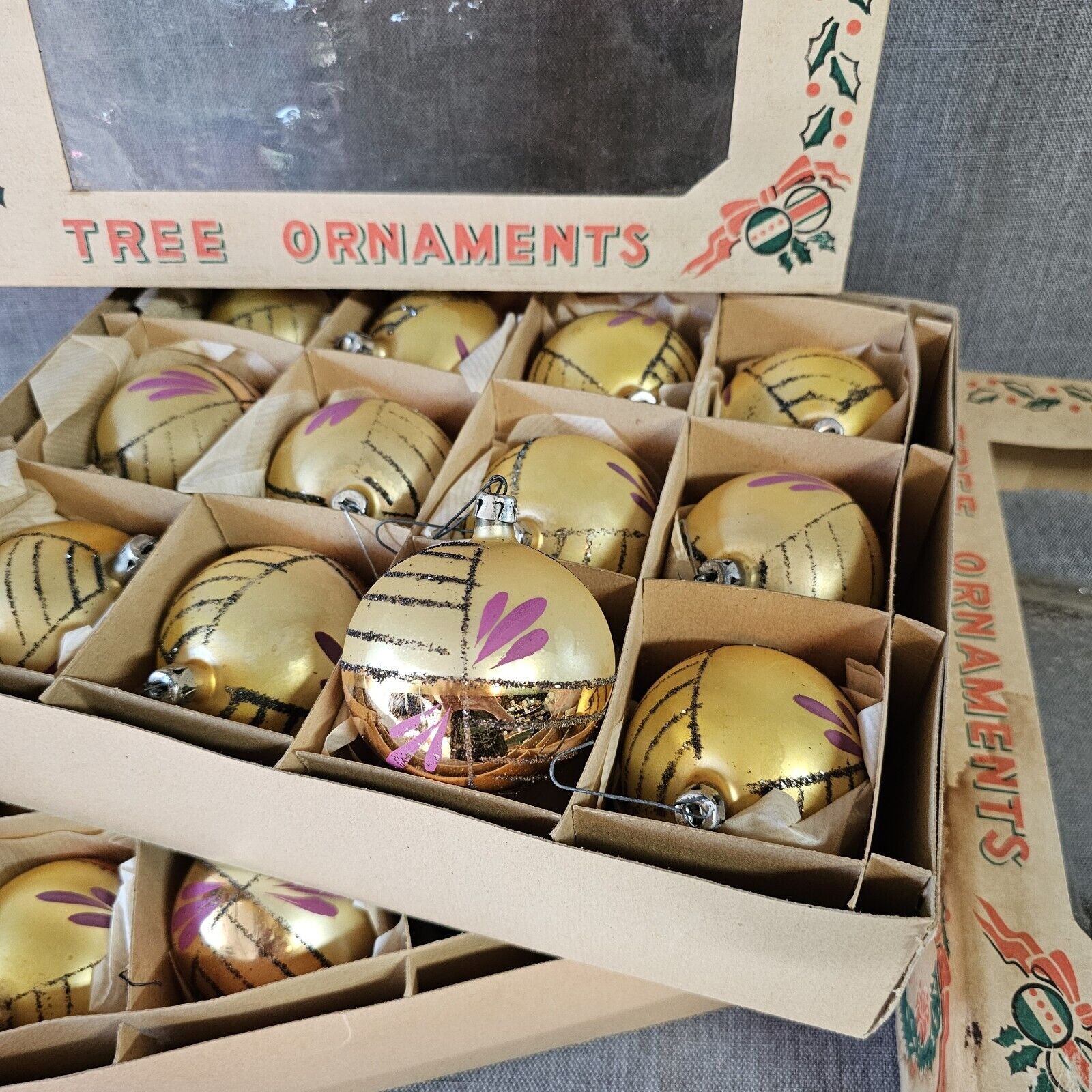 Vintage Christmas Ornaments Poland Stenciled Mica 18pcs Original Boxes