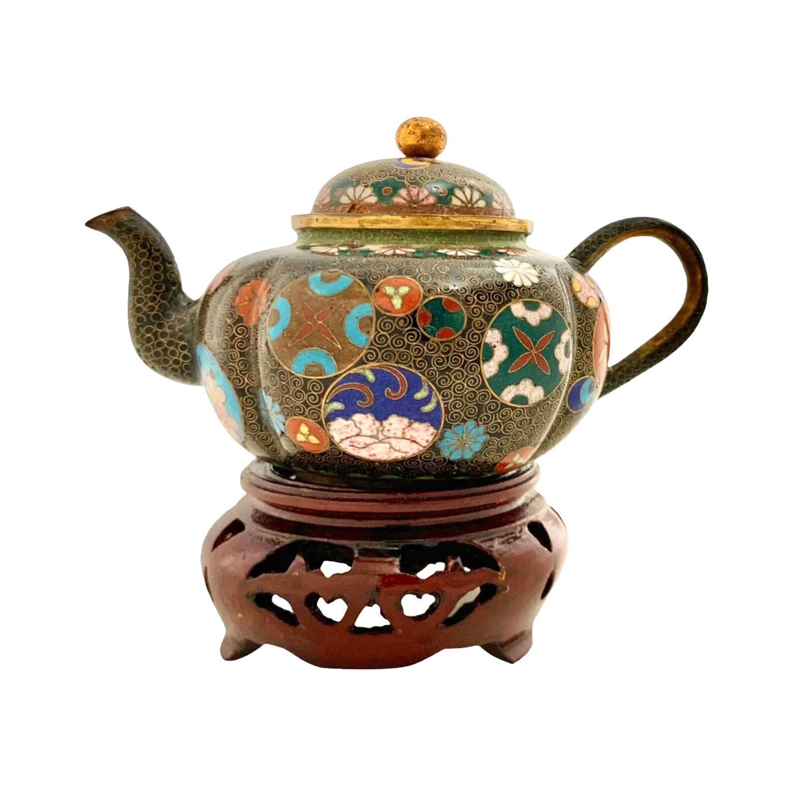 Teapot￼ Cloisonné Brass Asian Design on Wooden Base Vintage Oriental Decor