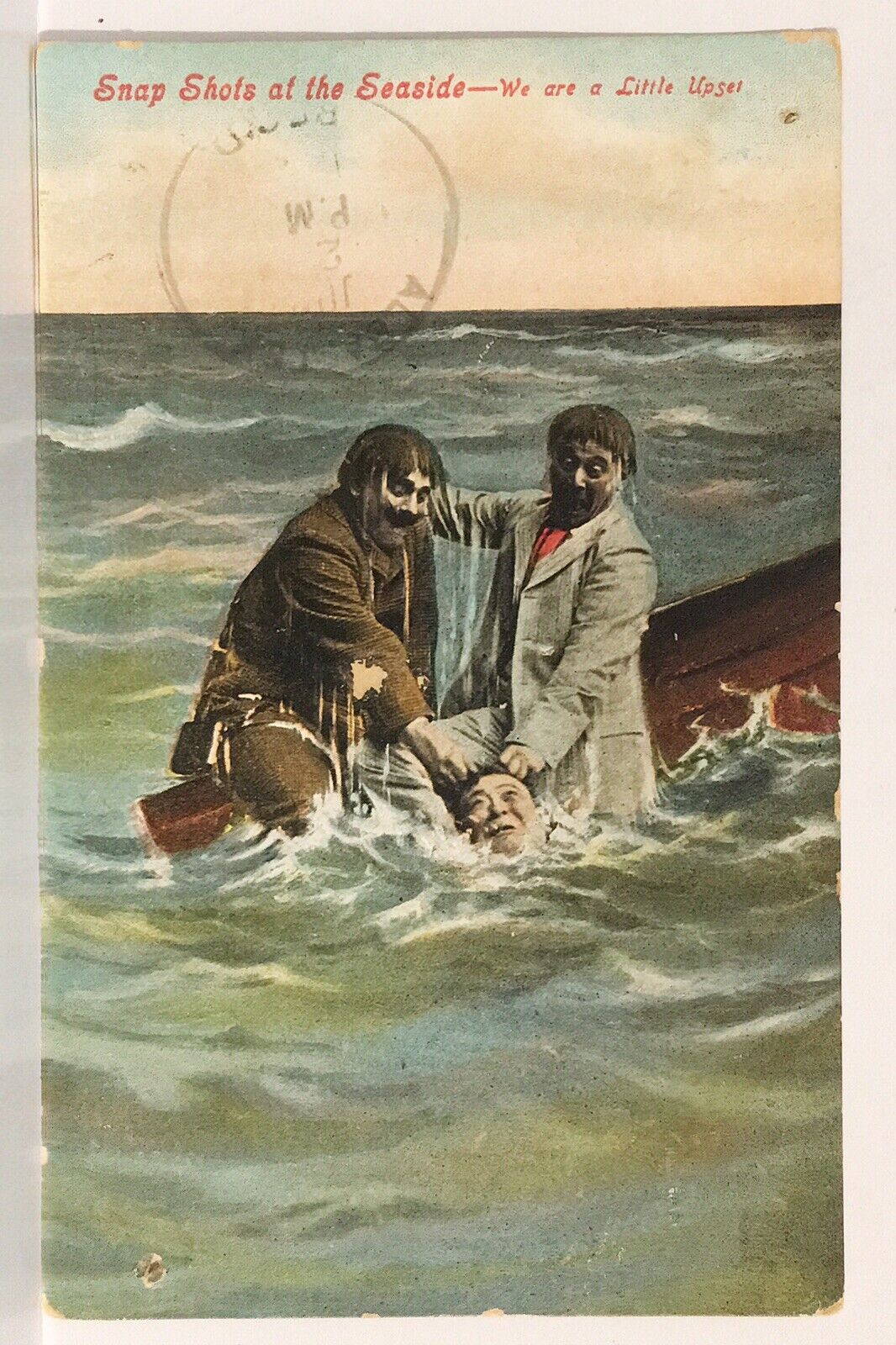 Snap Shots at the Seaside We Are A Little Upset Men Capsized Humor Postcard B6