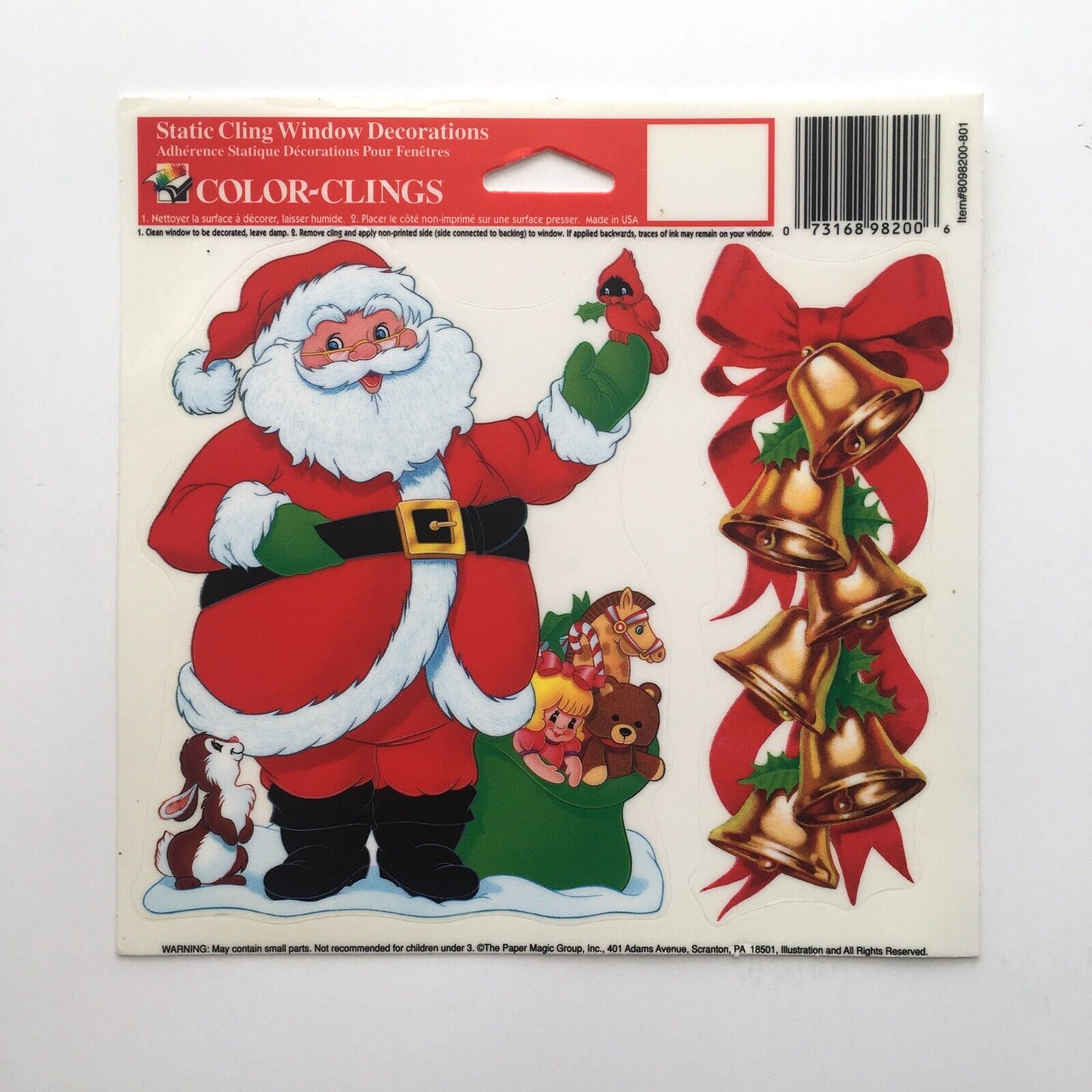 VTG Color-Clings Christmas Window Decoration Santa Bells Toys Bird Bunny Holiday