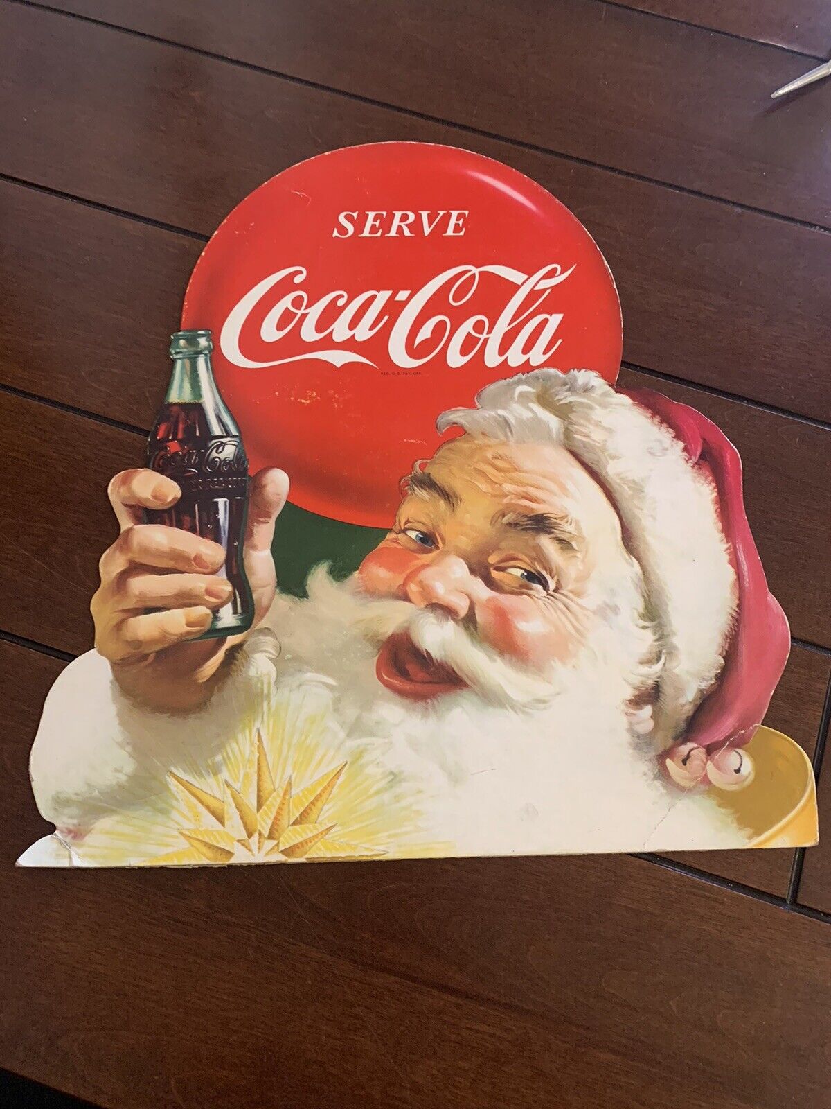 Vintage Coca Cola Santa w/ Bottle Christmas Cardboard Sign Advertisement 1950s *