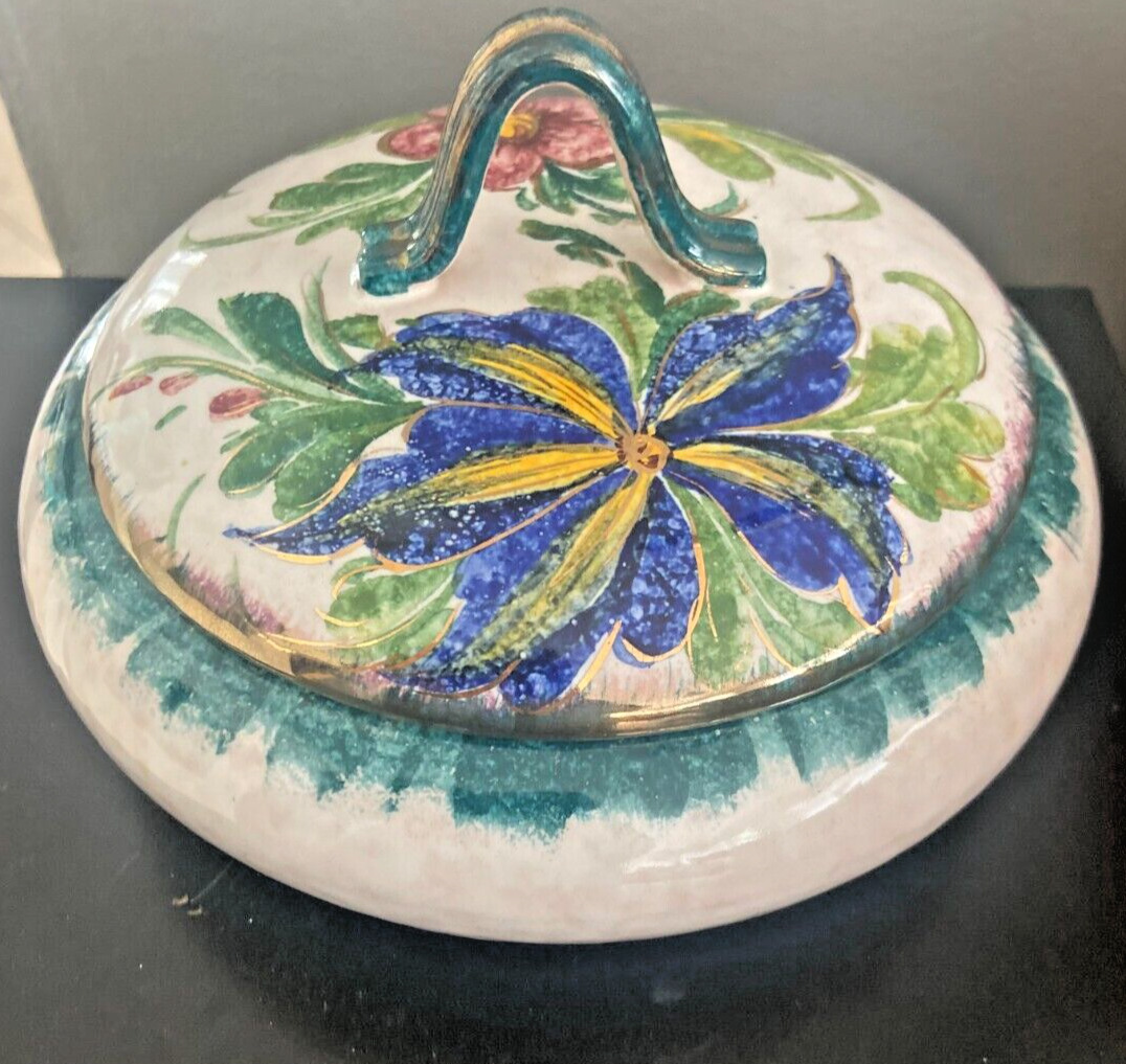 Vintage Italian Art Pottery Floral Hand Painted Covered Round  Box