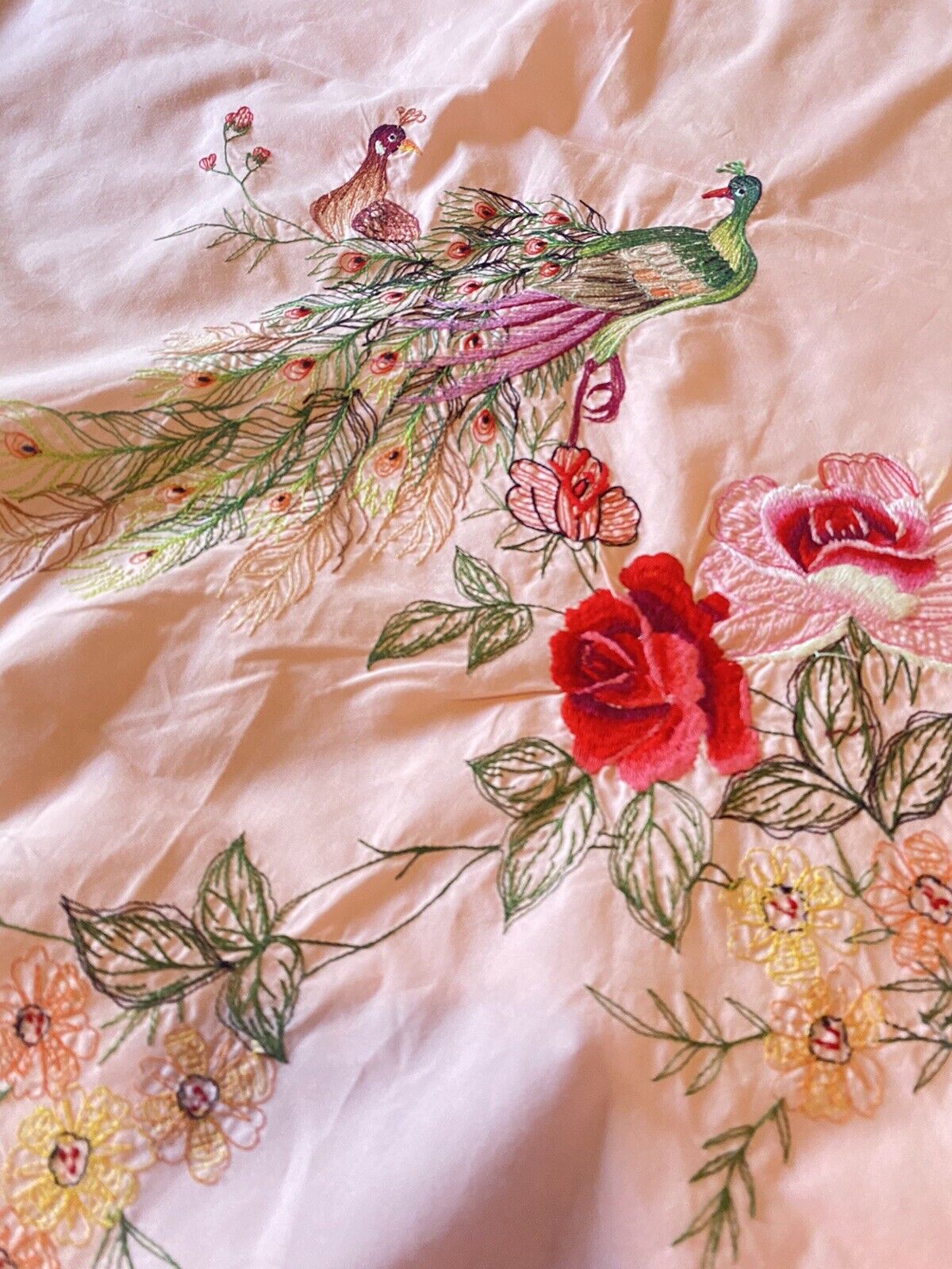 VINTAGE PINK EMBROIDERED SHEET BEDSPREAD ~ PEACOCK ROSE EMBROIDERY~SO PRETTY