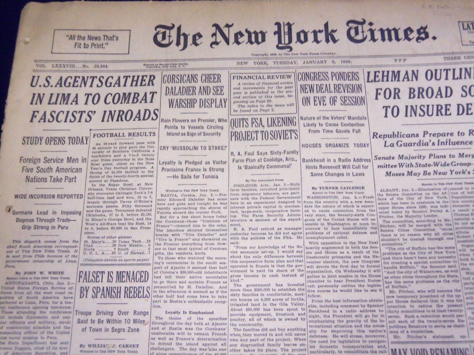 1939 JAN 3 NEW YORK TIMES U. S. AGENTS IN LIMA COMBAT FASCISTS INROADS- NT 1345