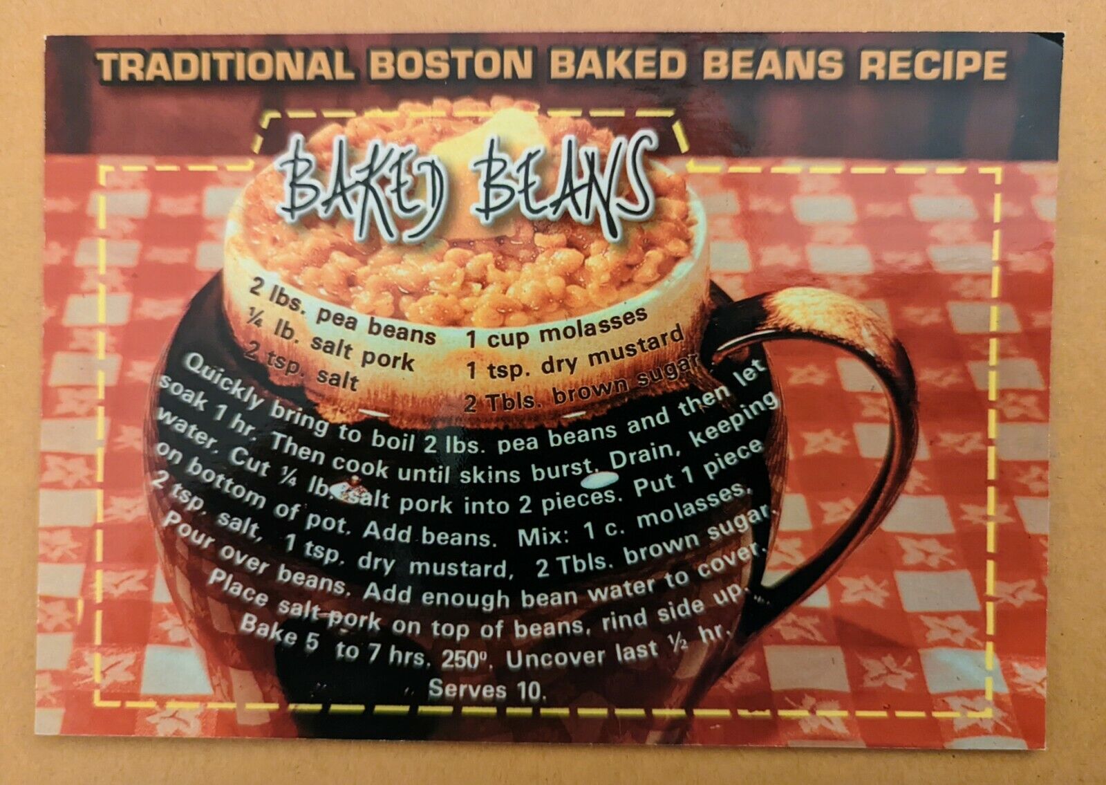 Recipe Postcard MA:  Traditional Boston Baked Beans.