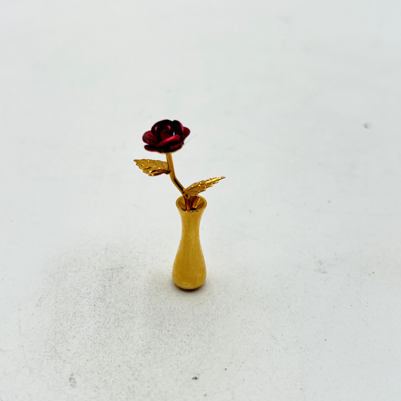 Vintage Miniature Antique Brass Doll House Bud Vase with Red Rose
