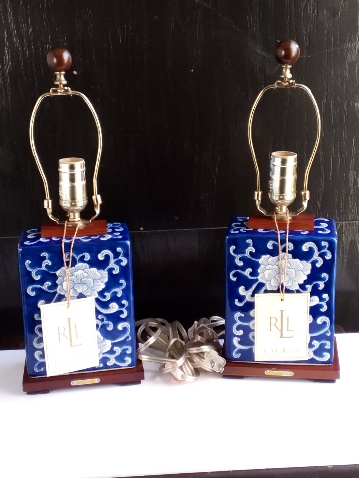 Pair of Ralph Lauren Ceramic Table Lamps, Blue & White Chinese Floral, NO SHADES