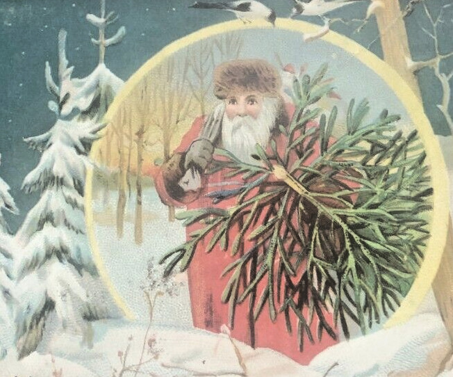 Old World Santa Claus 1900s Bag Full of Toys in woods Carrying a Christmas Tree