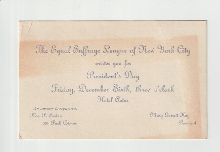 Equal Suffrage League of New York , Invitation from Mary Garrett Hay, President