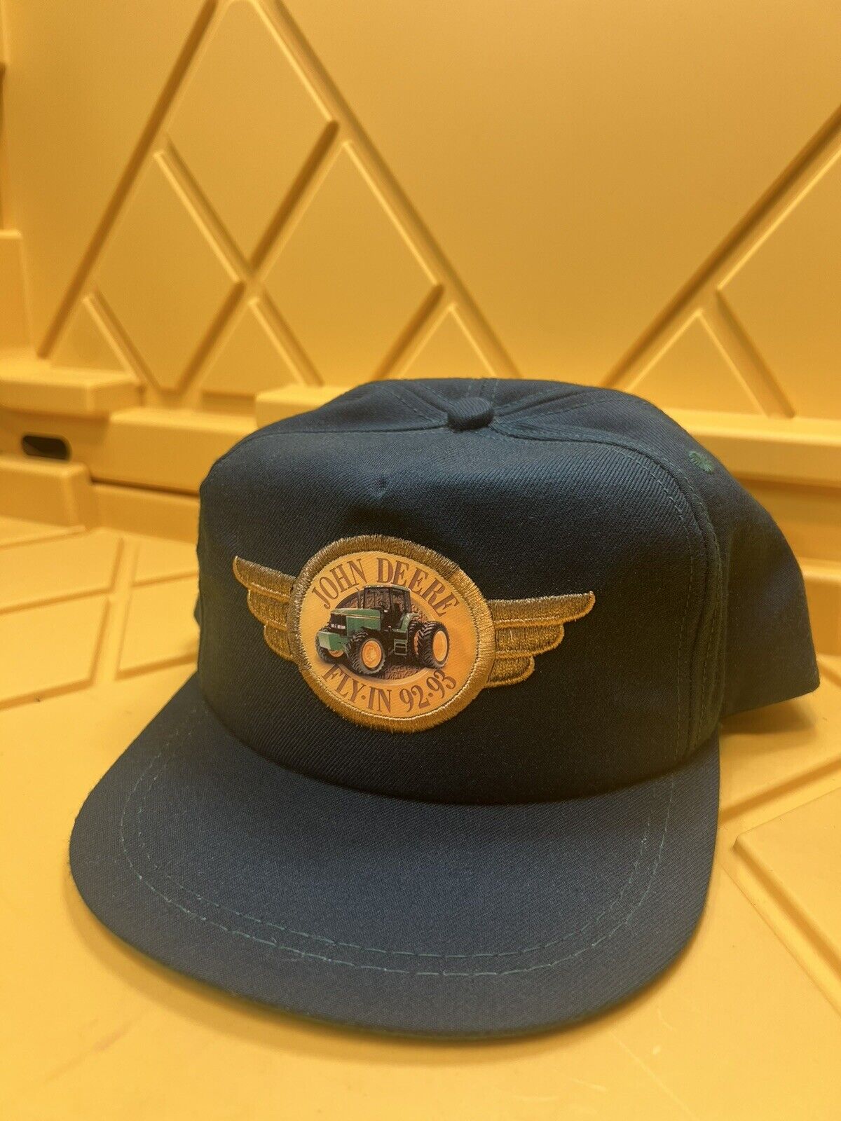 Vintage JOHN DEERE FLY-IN 92-93 Farmer Trucker Hat Cap K-PRODUCTS Leather Strap