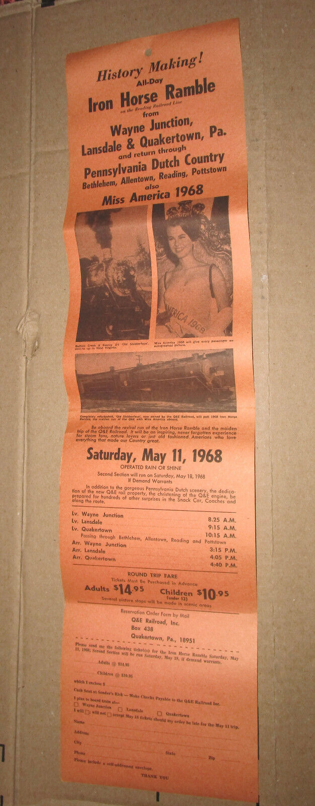 VTG 1968 IRON HORSE RAMBLE QUAKERTOWN PA POSTER FLYER Reading Railroad Line