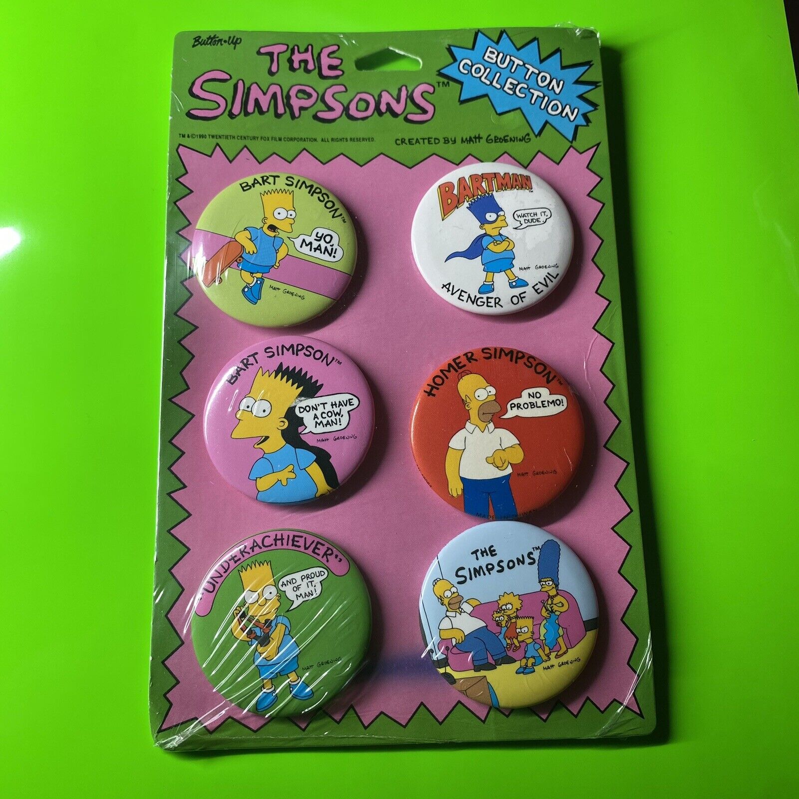 Vintage The Simpsons Pinback Button Collection - 6 Pins Sealed (Bart Homer TV)