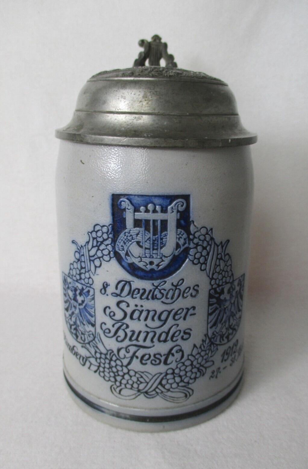 Old Beer Mug With Tin Lid Deutsches Singer Bundesfest Nuremberg 1912