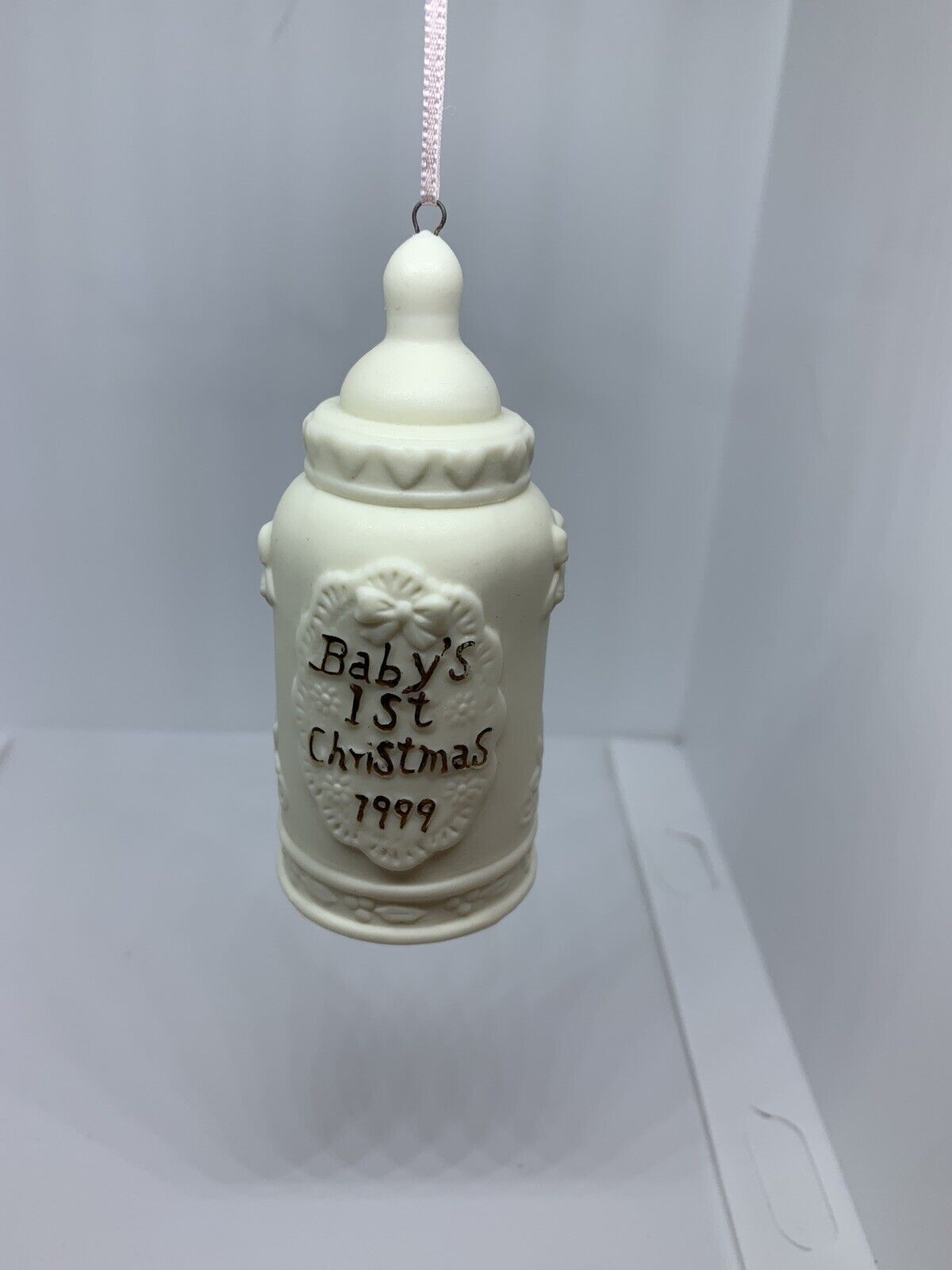 Baby Bottle Ornament 1999 - Babys First Christmas Bottle - Macys Porcelain