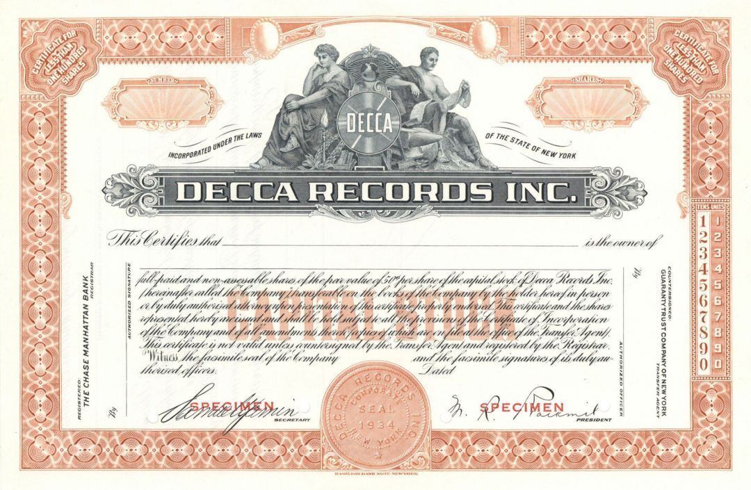 Decca Records, Inc. - Specimen Stock Certificate - Specimen Stocks & Bonds