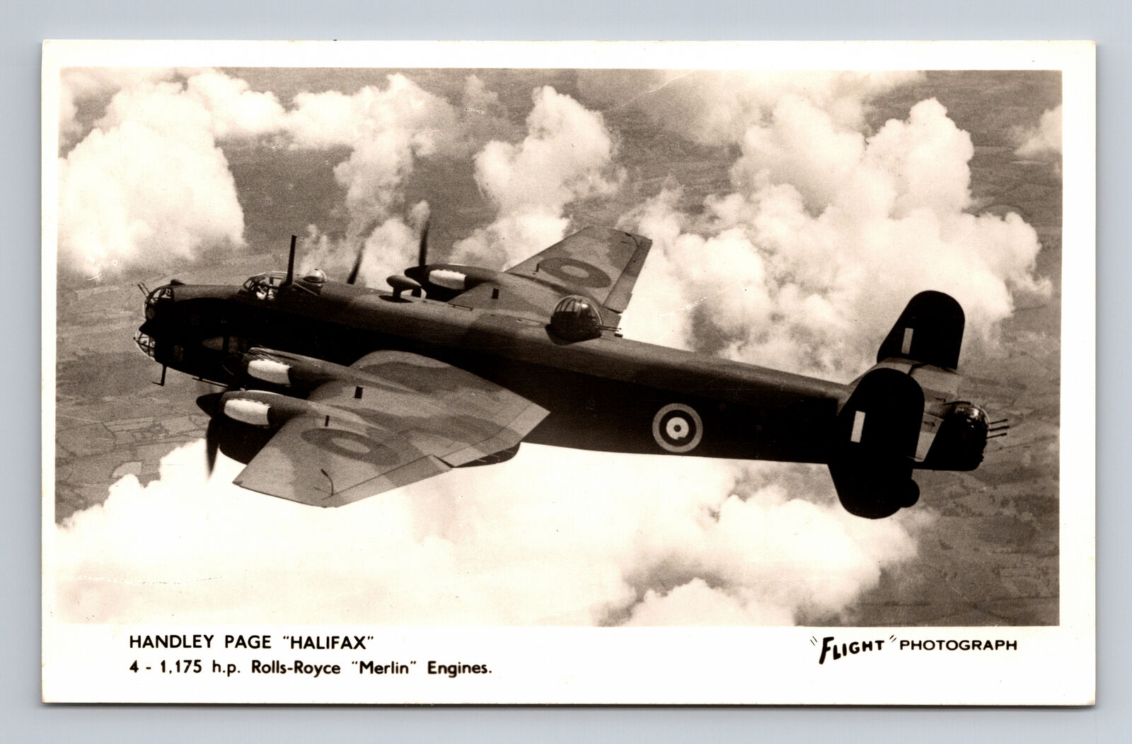 RPPC WWII RAF Handley Page Halifax Heavy Bomber FLIGHT Photograph Postcard