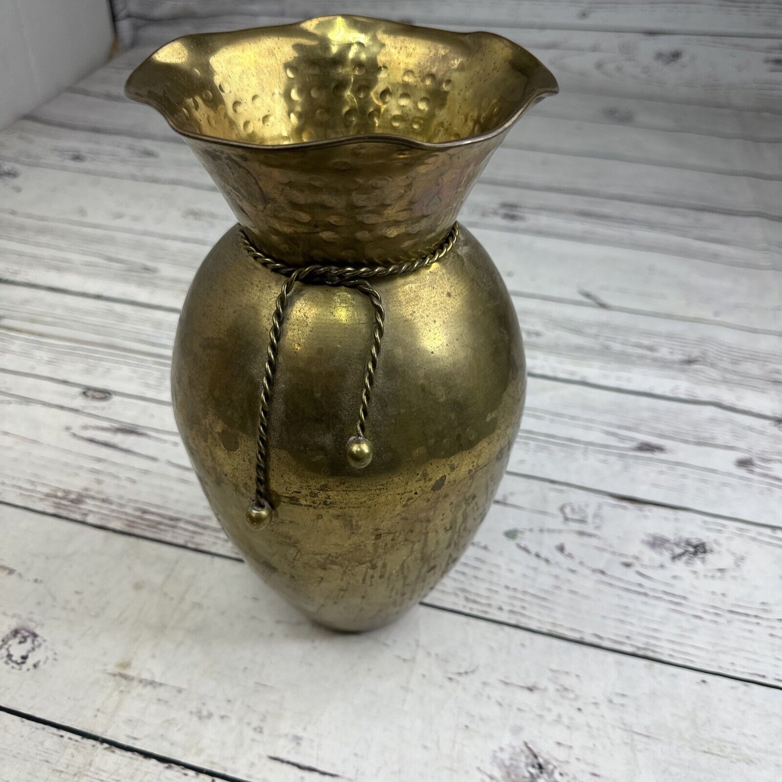 Vintage Large 12\'\' Hammered Finish  Brass Vase With Scallop Opening India 