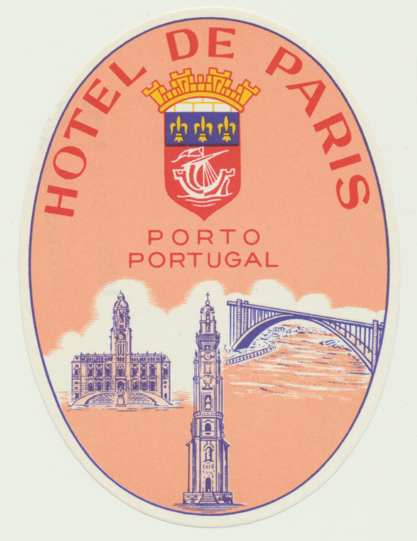 Vintage luggage label  Hotel De Paris Porto Portugal